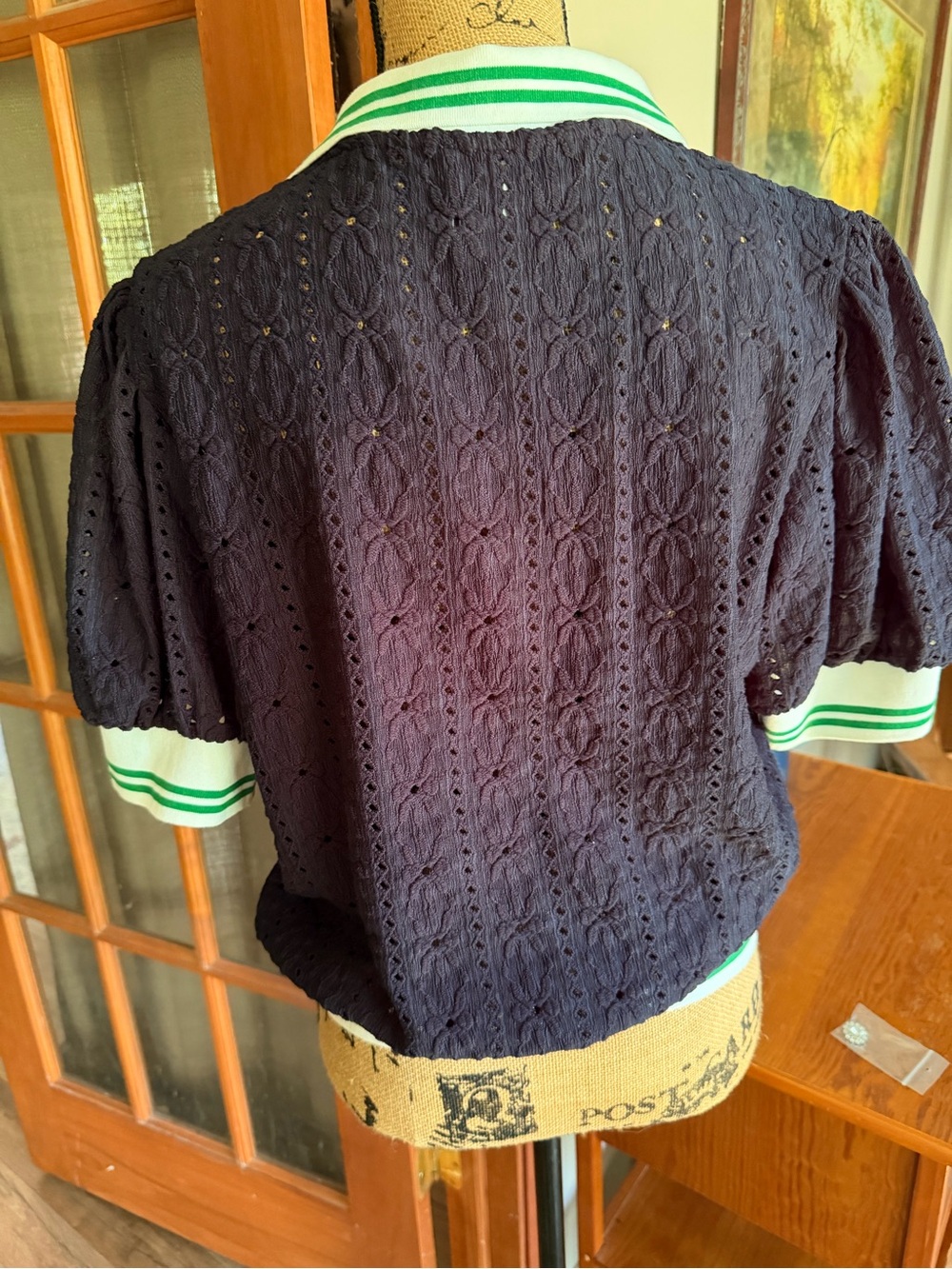 Maeve Navy Eyelet Knit Short Sleeve Polo with White & Green Trim - Picture 3 of 5